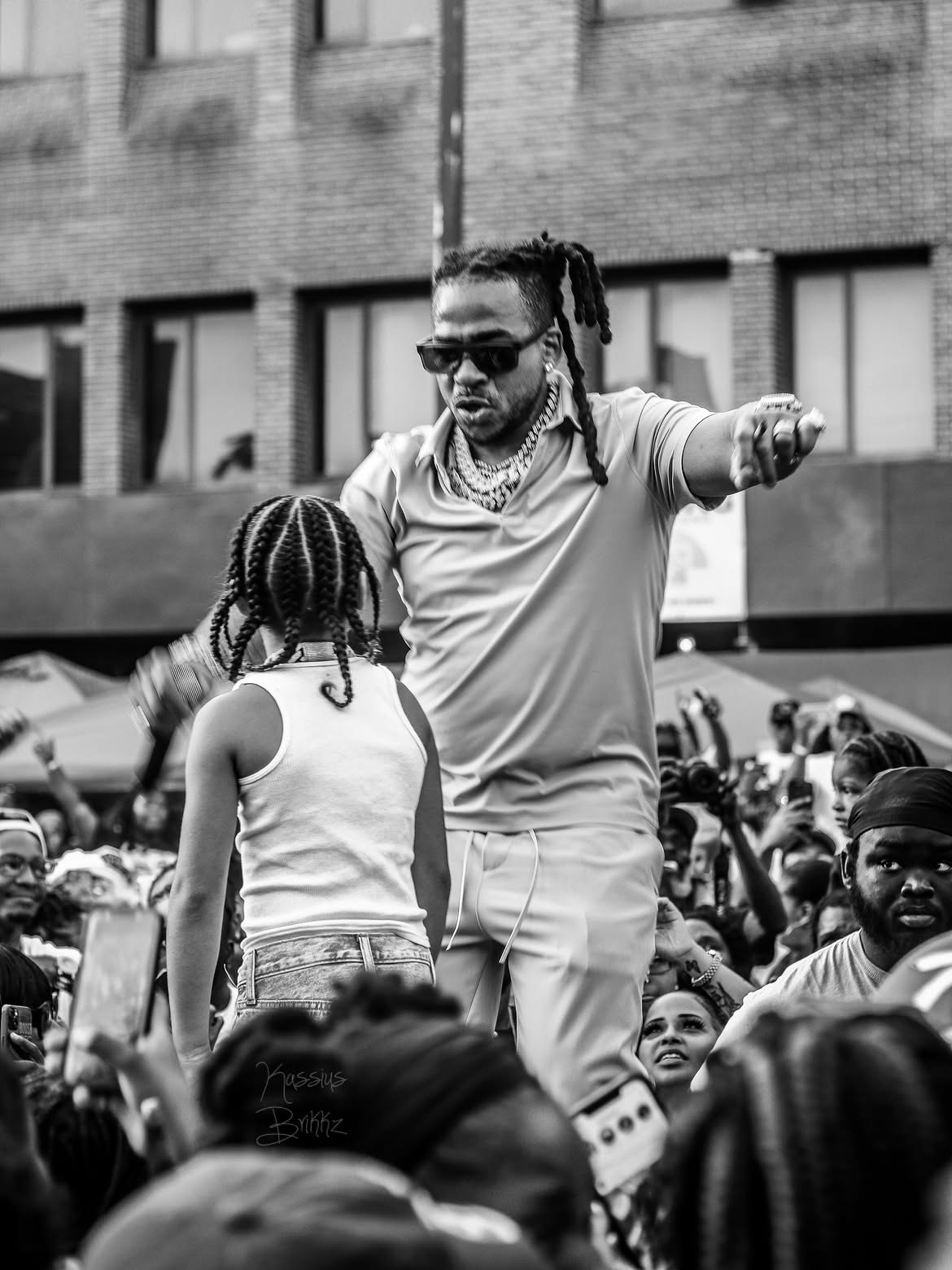 Max B at a block party, black and white
